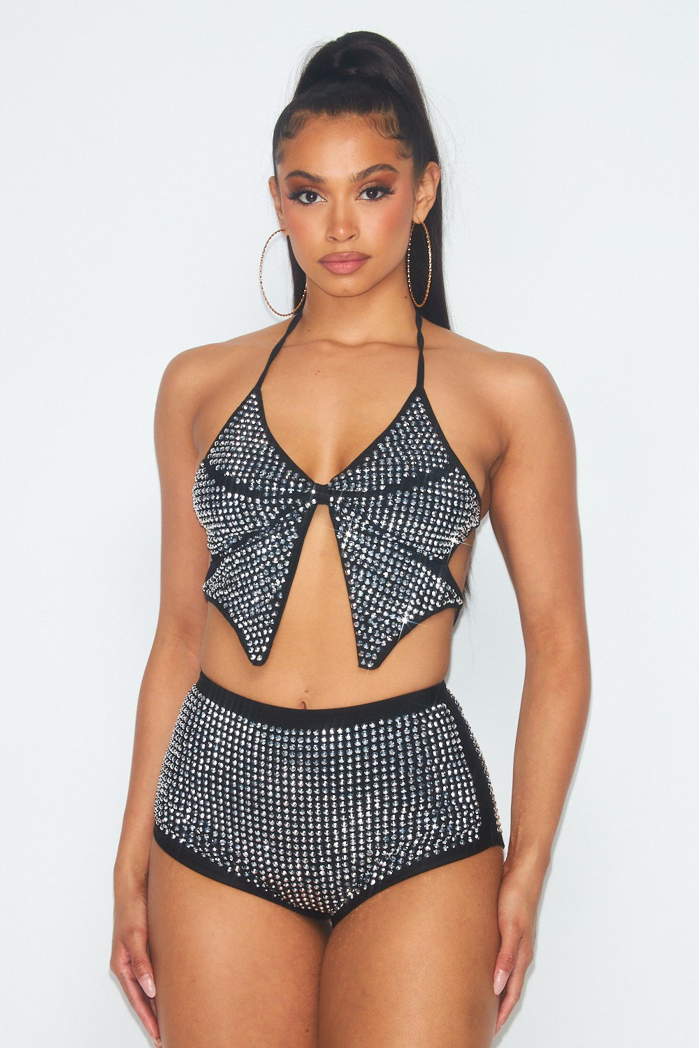 Butterfly Rhinestone Crop Top And Shorts Swim Set