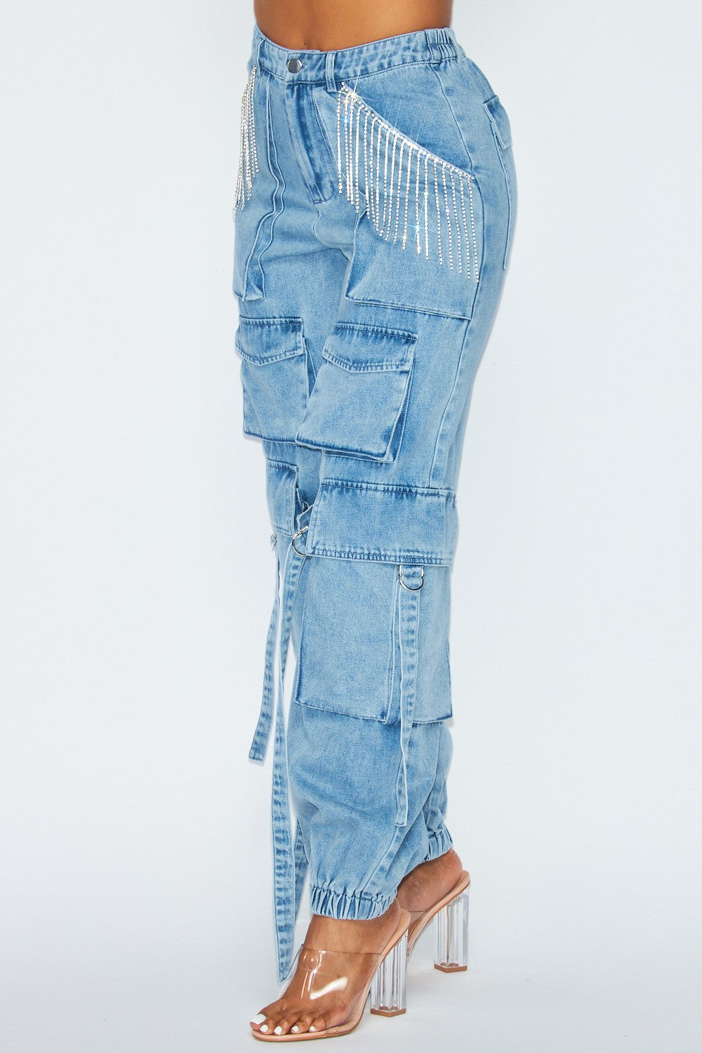 Blessed Rhinestone Fringe Cargo Denim Jogger Pants