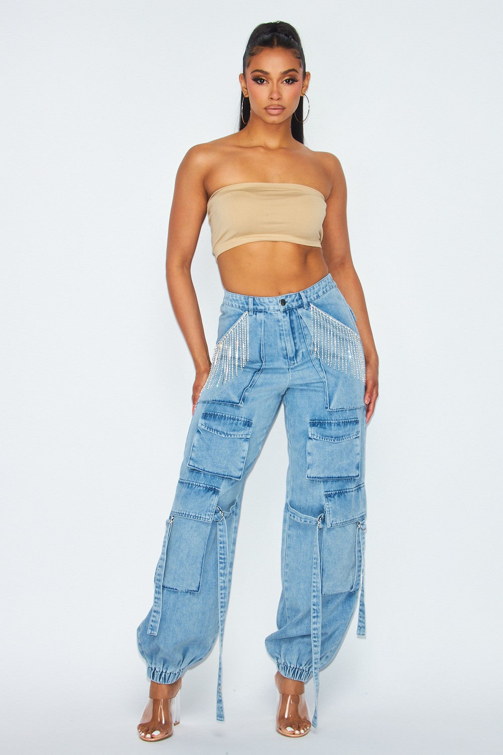 Blessed Rhinestone Fringe Cargo Denim Jogger Pants