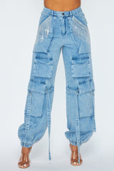 Blessed Rhinestone Fringe Cargo Denim Jogger Pants