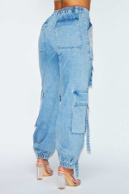 Blessed Rhinestone Fringe Cargo Denim Jogger Pants