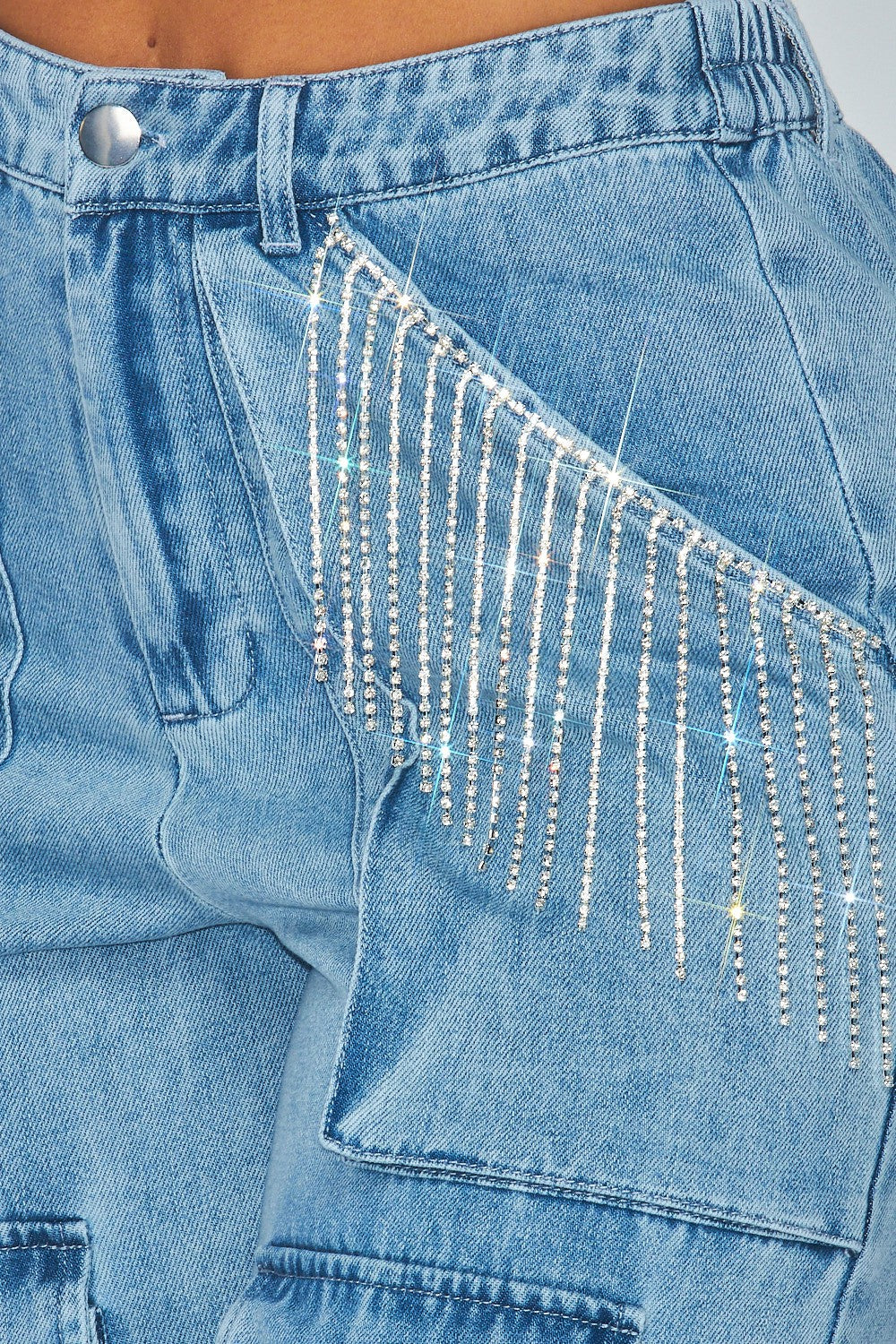 Blessed Rhinestone Fringe Cargo Denim Jogger Pants