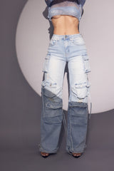 Light Wash Denim Cargo Jeans with Stretch