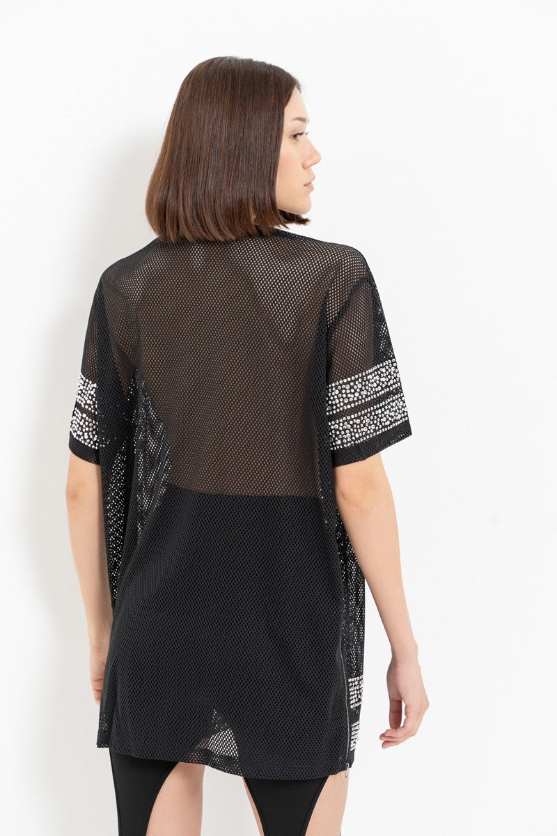 Rhinestone Embellished Mesh Jersey