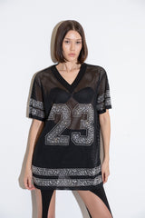 Rhinestone Embellished Mesh Jersey