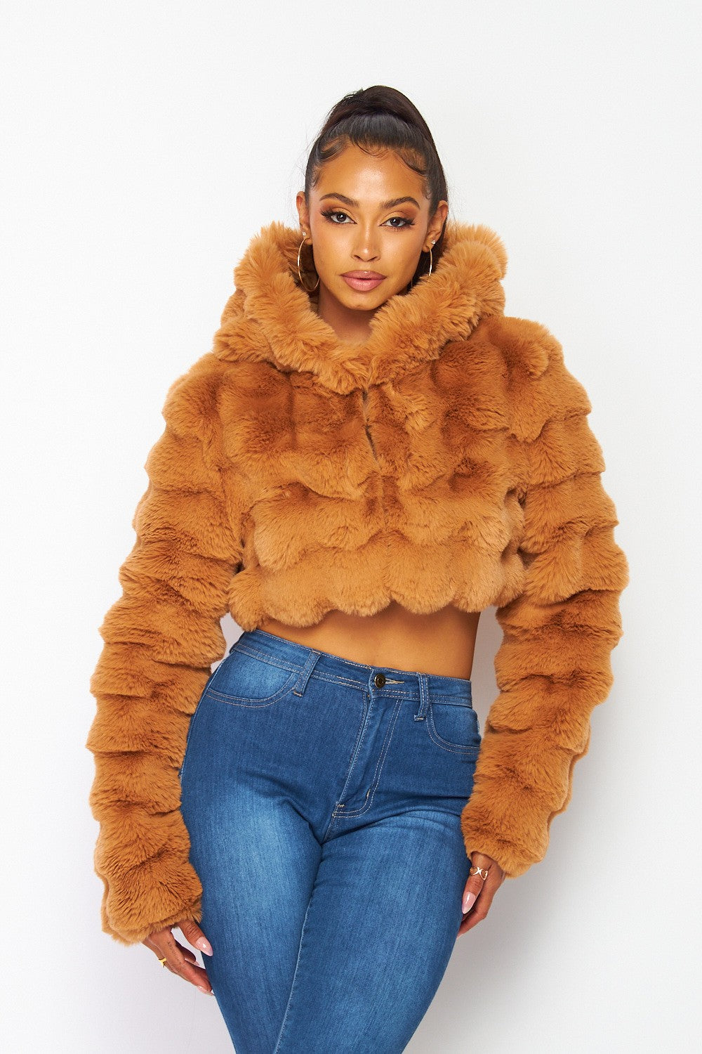 Aria Soft Plush Faux Fur Hooded Crop Jacket