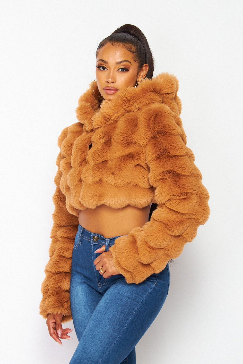 Aria Soft Plush Faux Fur Hooded Crop Jacket