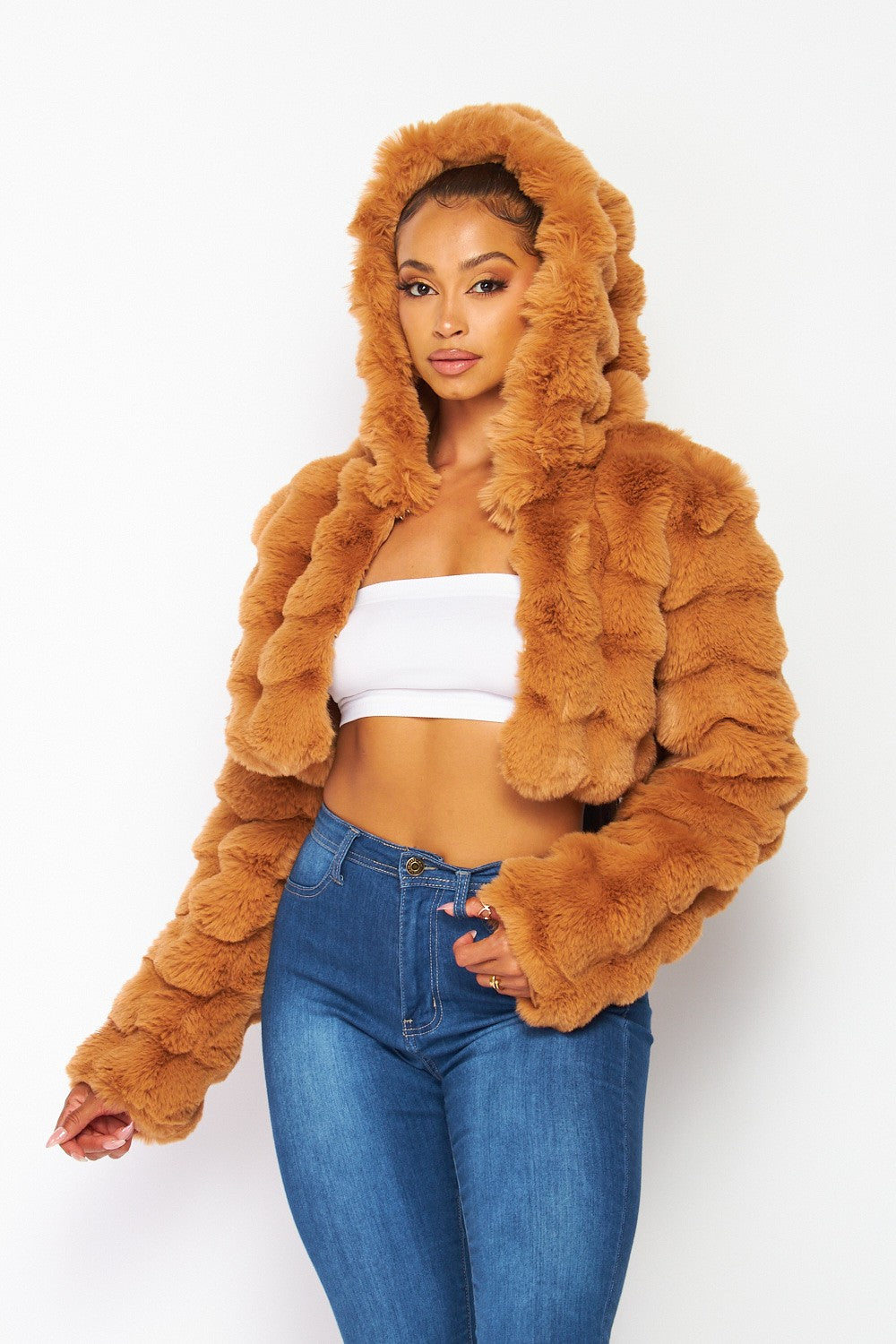 Aria Soft Plush Faux Fur Hooded Crop Jacket