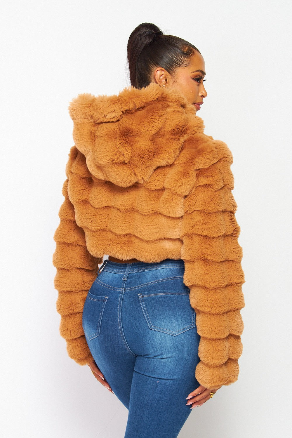 Aria Soft Plush Faux Fur Hooded Crop Jacket