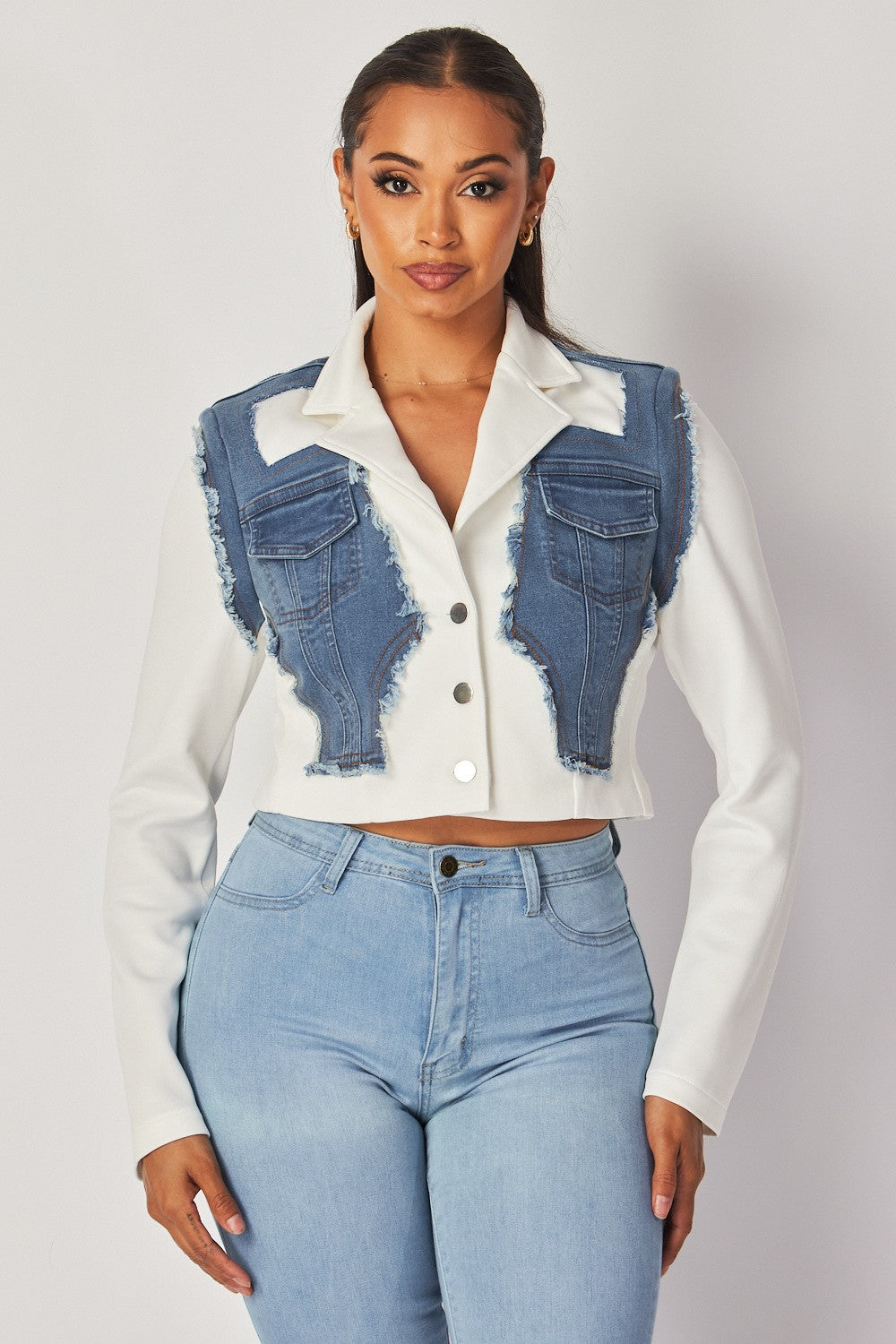 Amberlyn Denim Contrast Crop Blazer Jacket