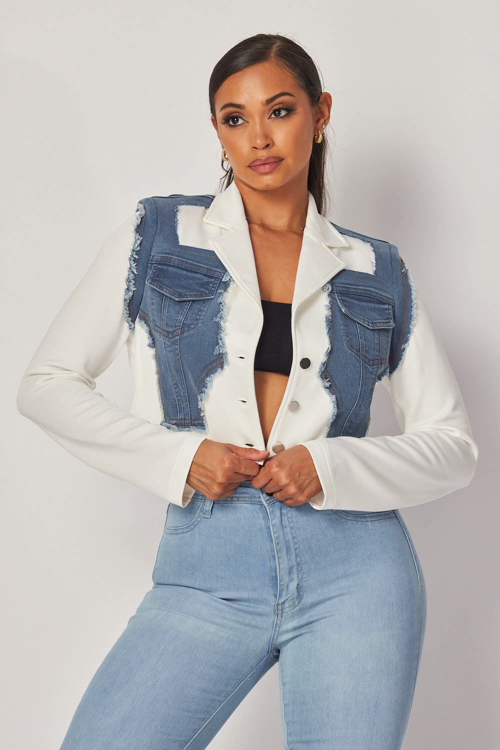 Amberlyn Denim Contrast Crop Blazer Jacket