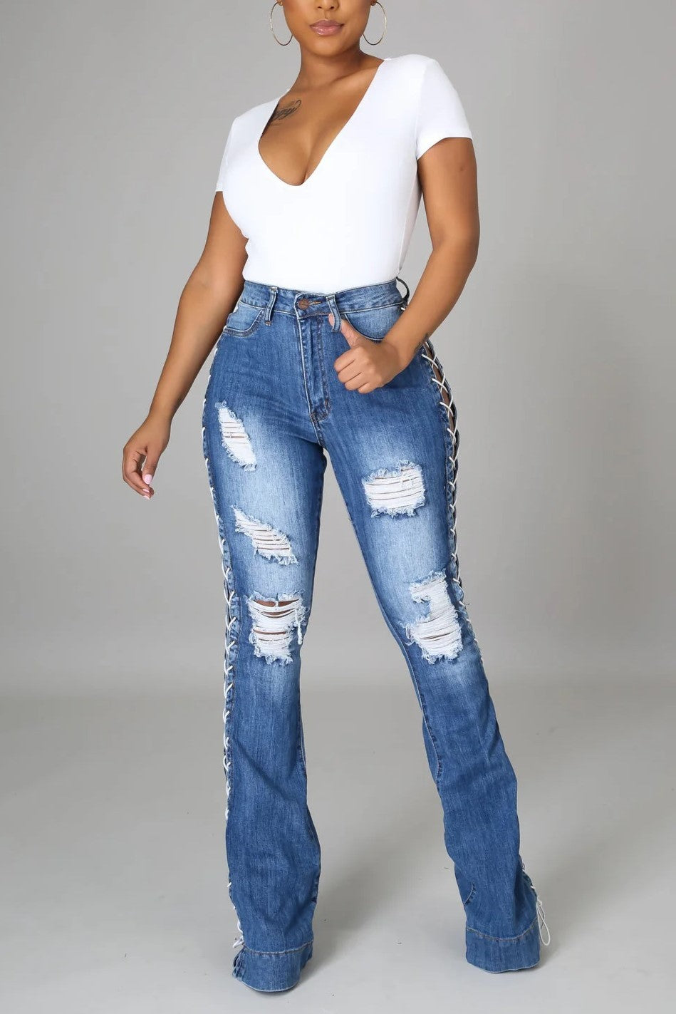 High Rise Out seam Lace Up Distressed Flare Jeans