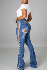 High Rise Out seam Lace Up Distressed Flare Jeans