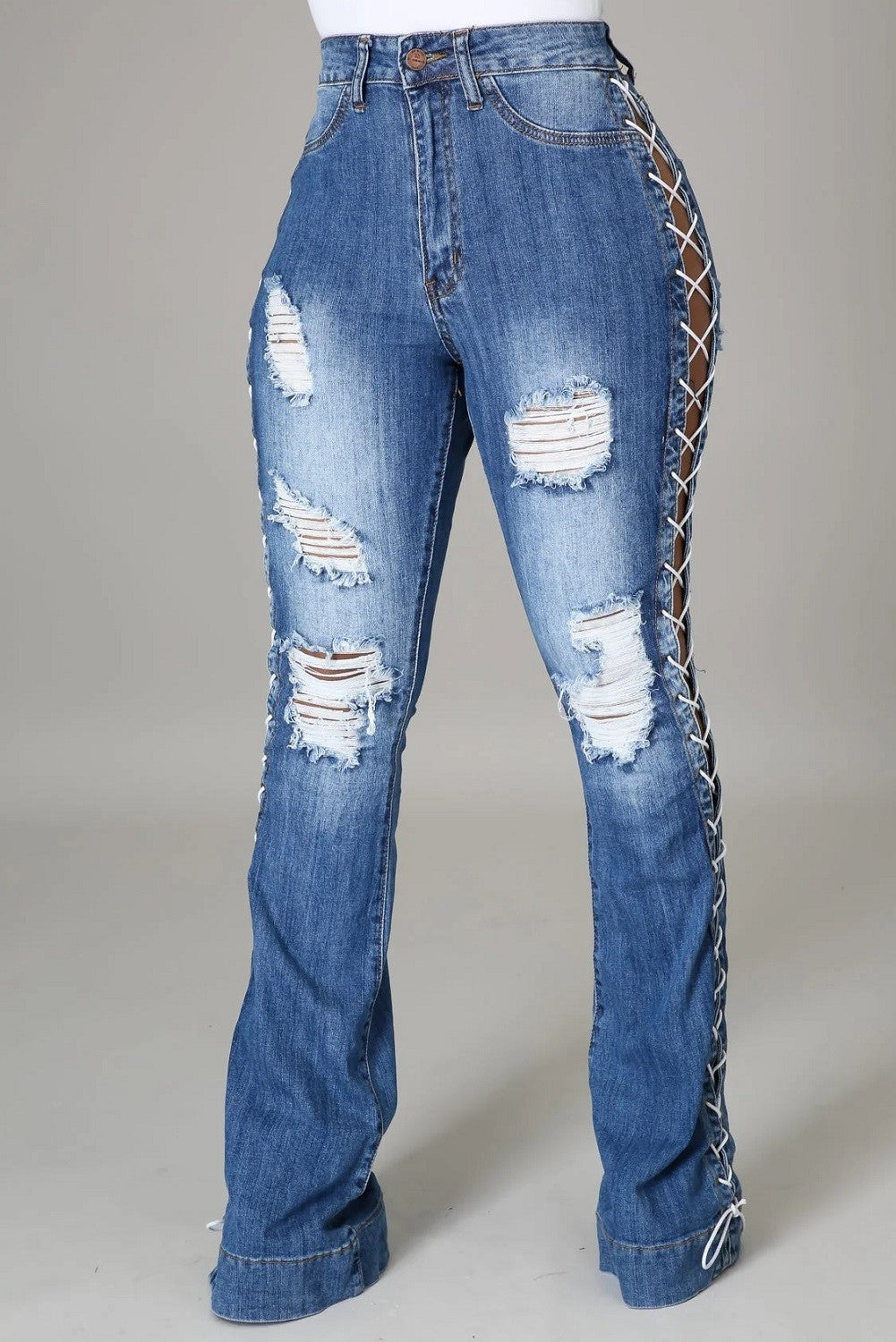 High Rise Out seam Lace Up Distressed Flare Jeans