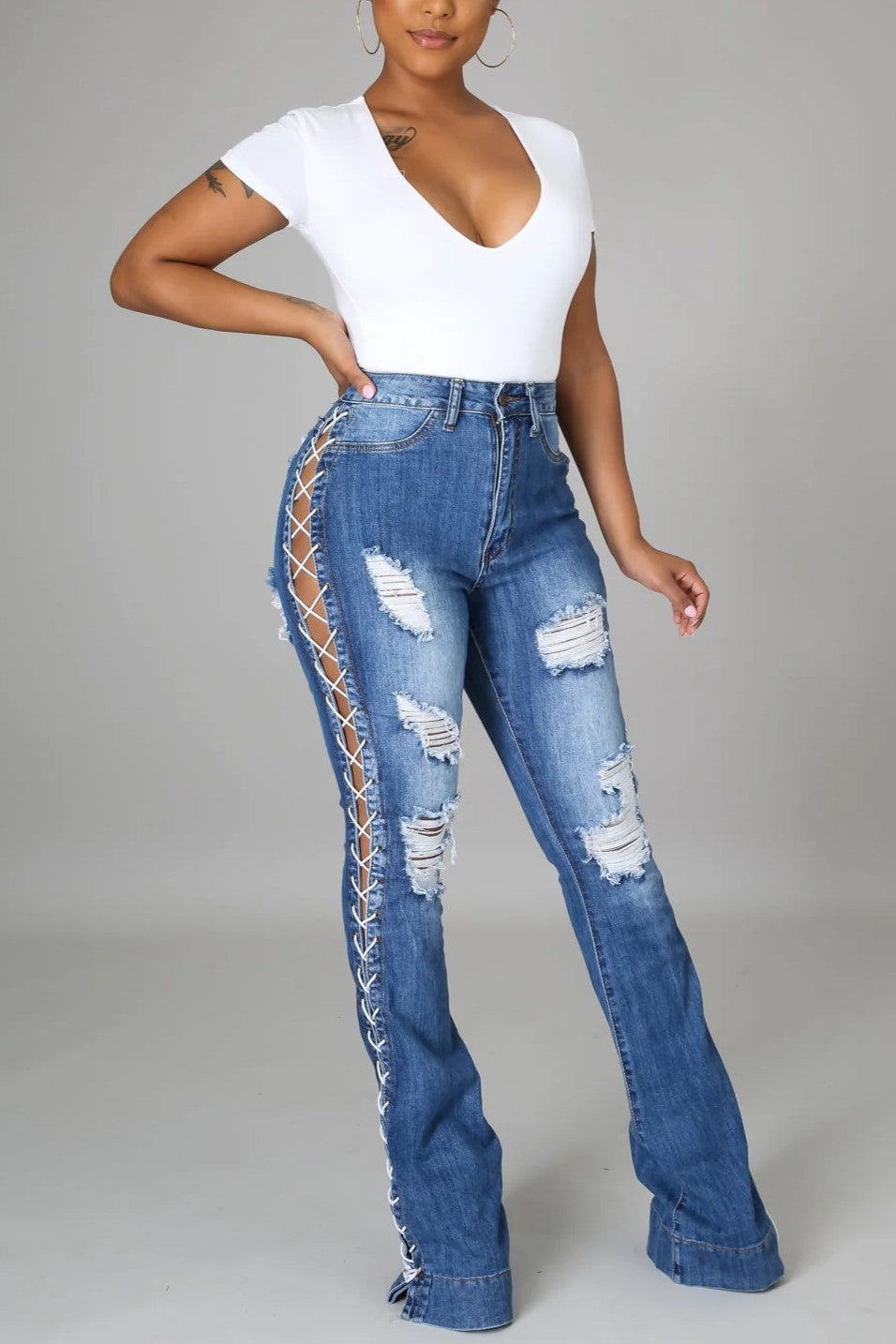 High Rise Out seam Lace Up Distressed Flare Jeans