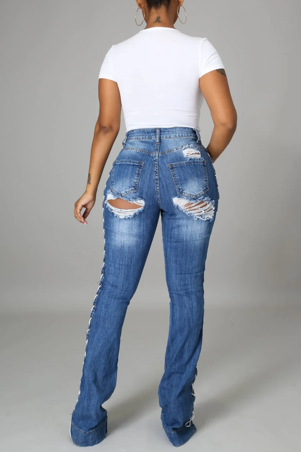 High Rise Out seam Lace Up Distressed Flare Jeans