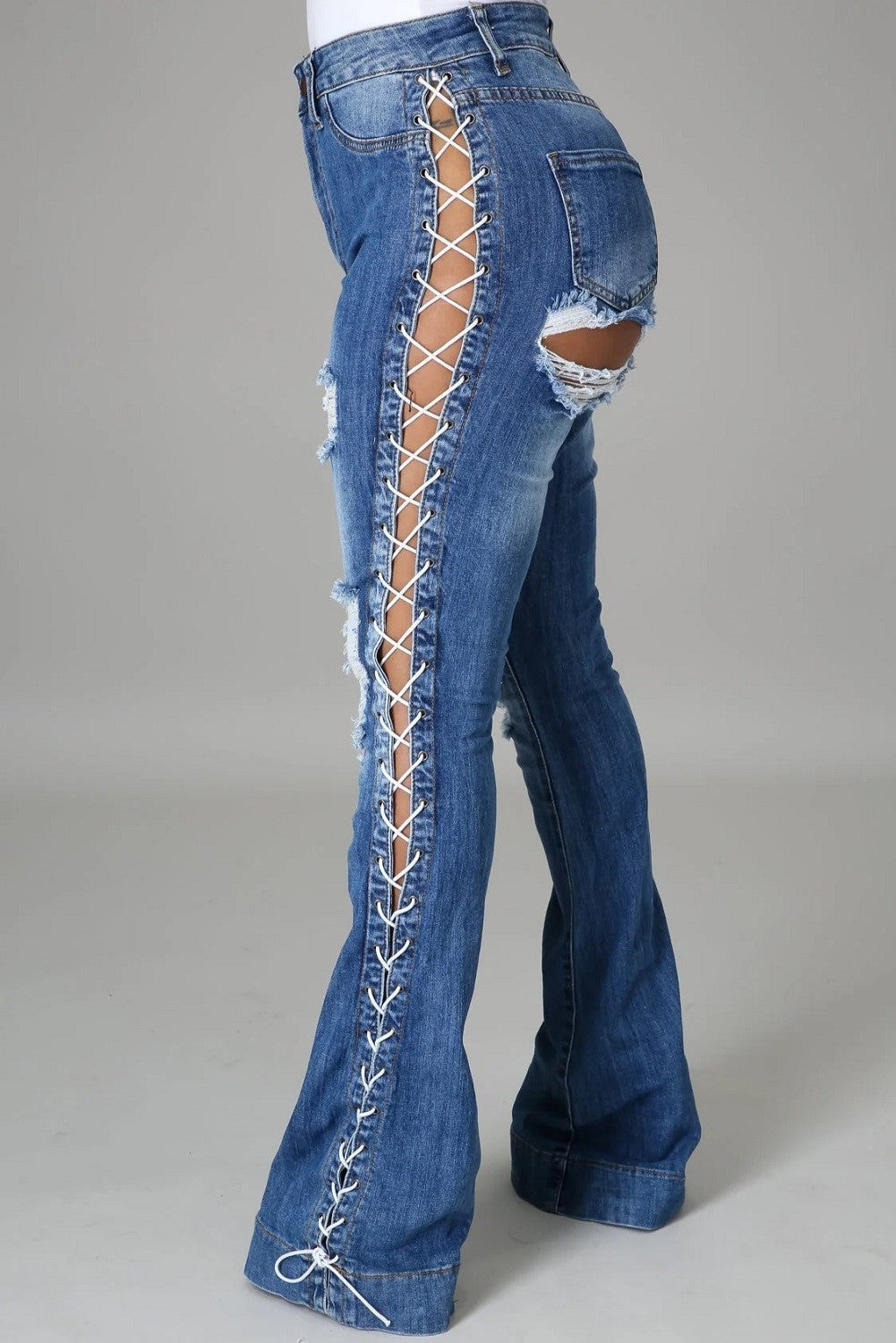 High Rise Out seam Lace Up Distressed Flare Jeans