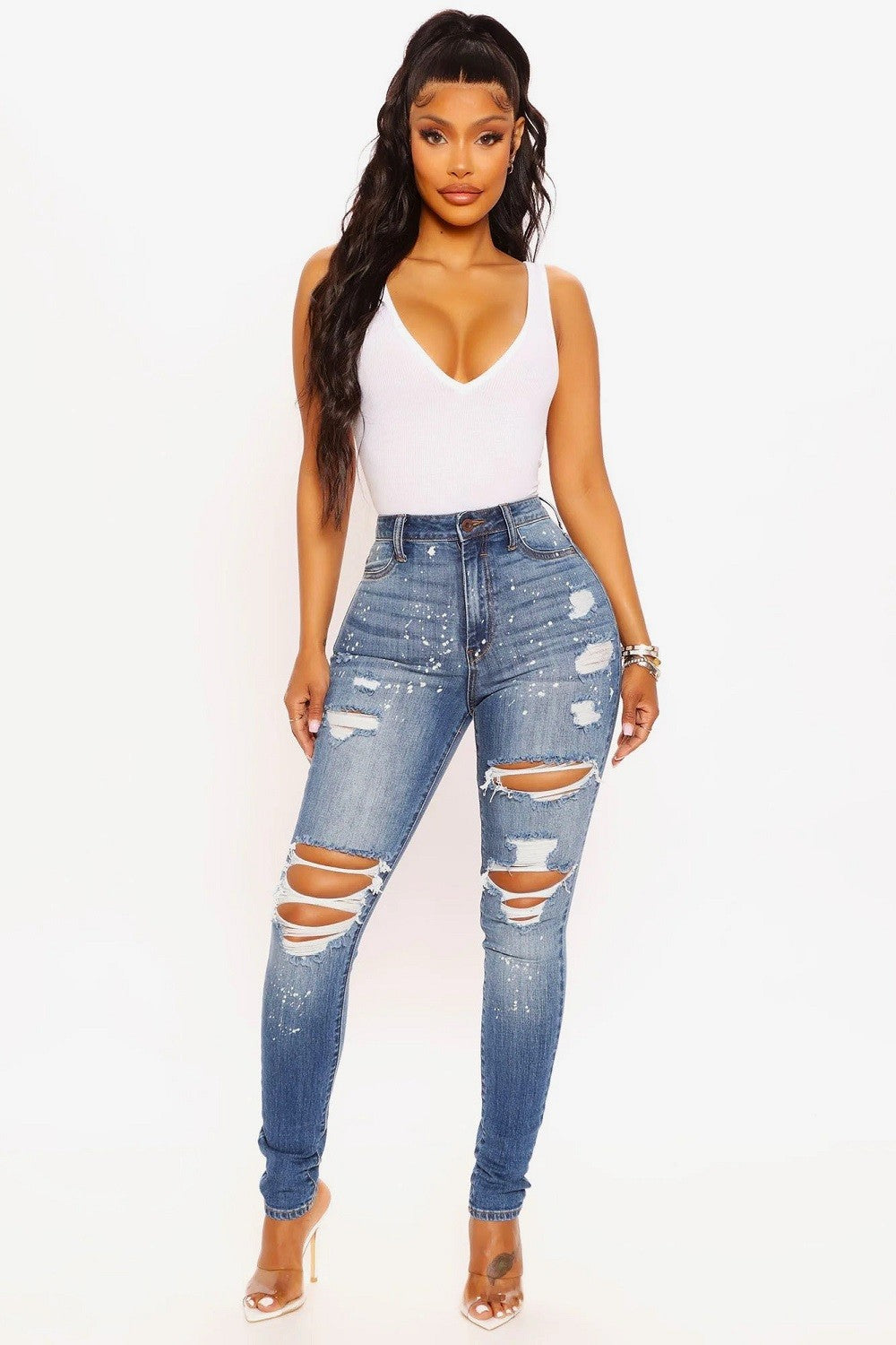 High Rise Bleach Splatter Skinny Jeans